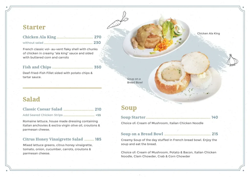 Starter, Salad, Soou and furthermore, a menu of The French Philippines resturant.
