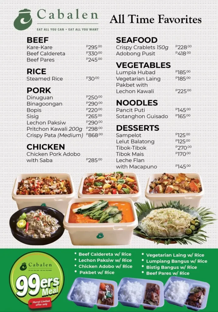 Beef, Seafood, Rice, Vegetables, Noodles and furthermore, a menu of Cabalen Philippines resturant.