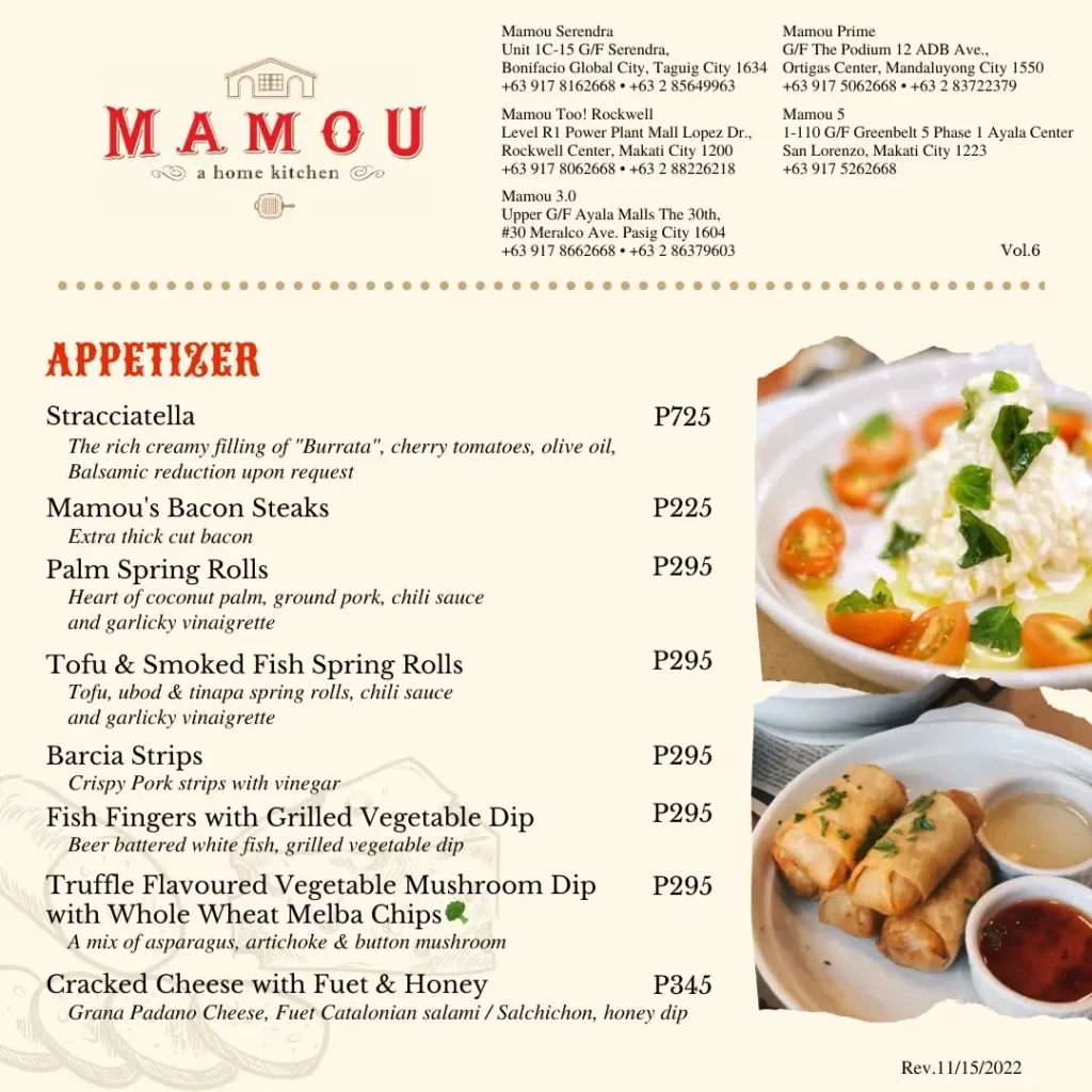 Mamou Appetizers Menu with Prices