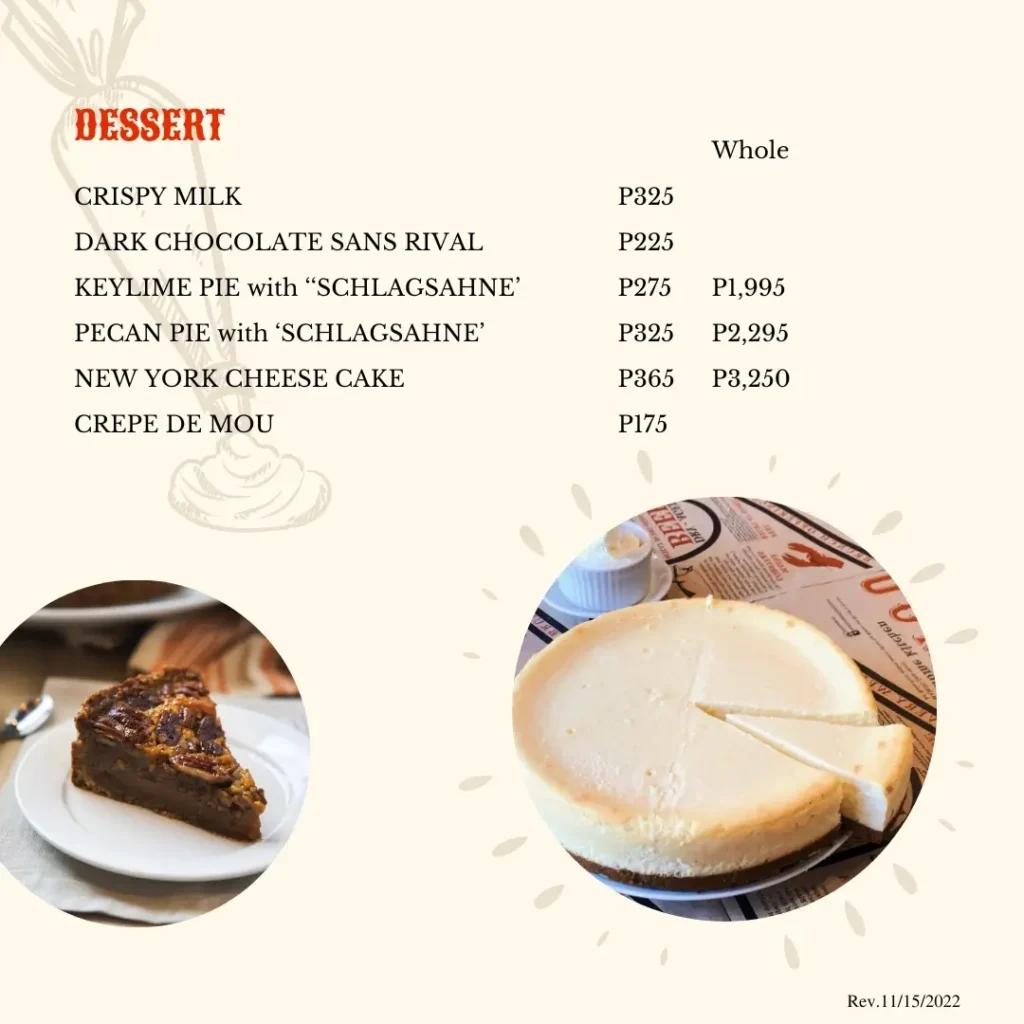 Mamou Dessert Menu with Prices