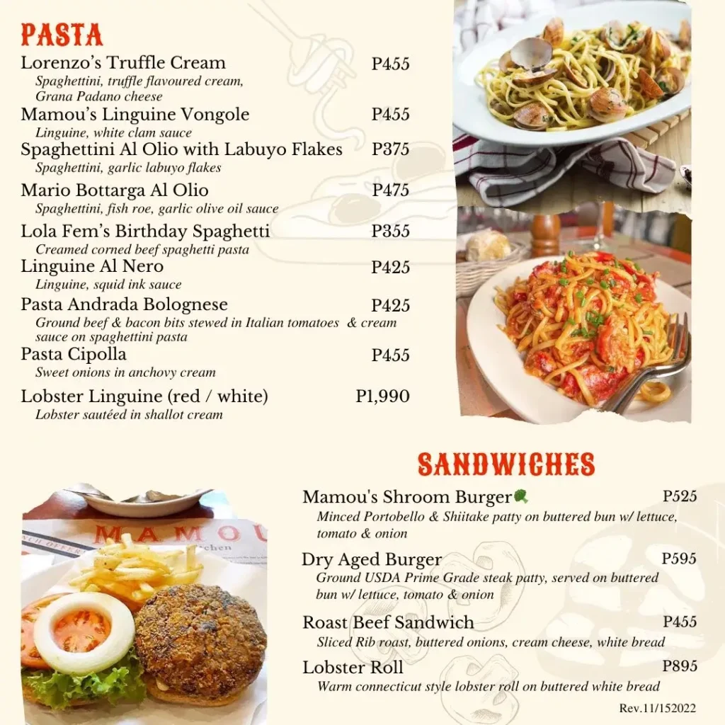 Mamou Pasta Menu with Prices