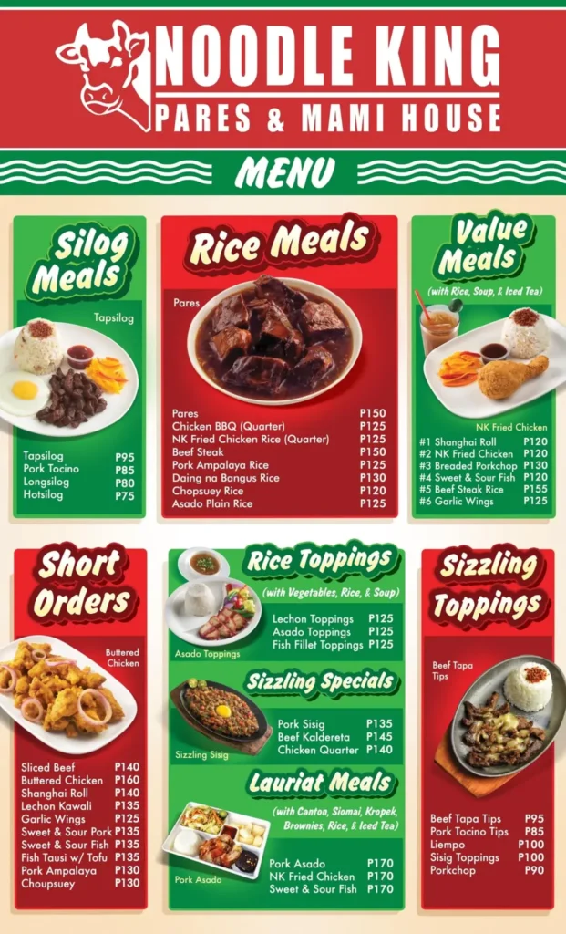 Noodle King Silog Meals, Rice Meals, Value meals and many more.