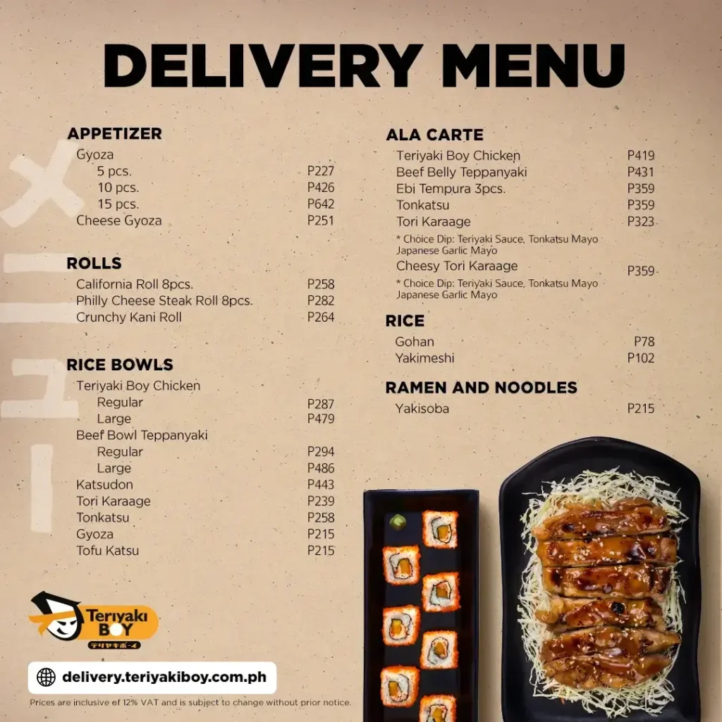 Appetizer, Ala carte, Rolls, Rice, Rice bowls, rice and furthermore Menu with Prices of Teriyaki Boy Philippines resturant.