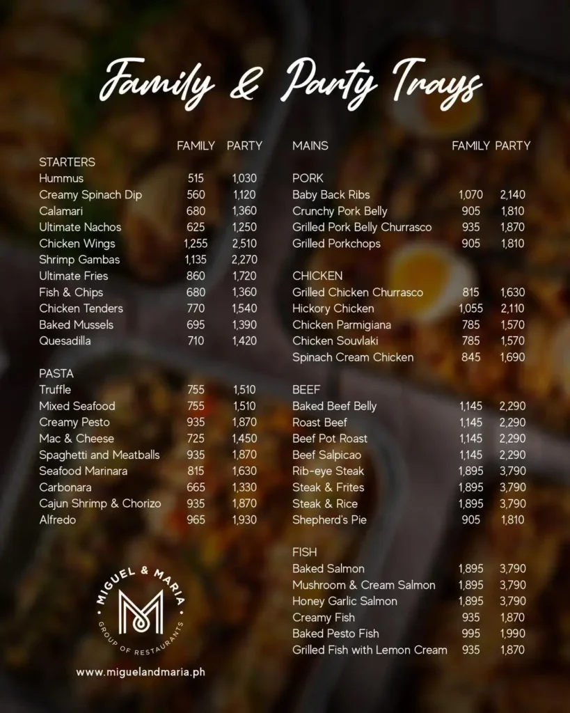 Miguel and Maria Family platter trays Menu with Prices