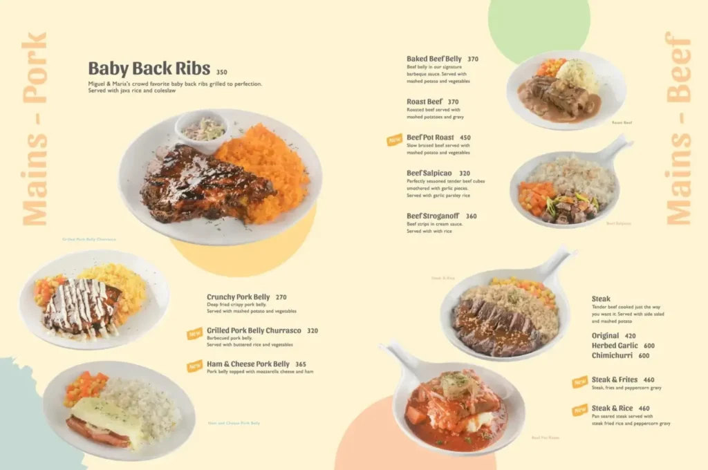 Miguel and Maria Main Pork Menu with Prices