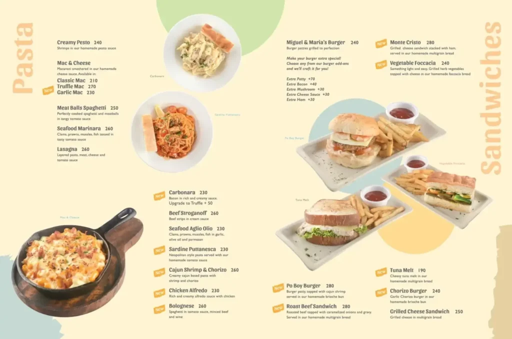 Miguel and Maria Pasta Menu with Prices