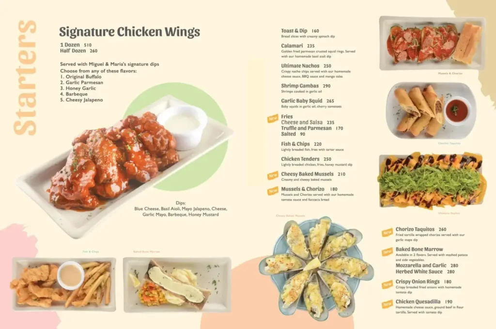 Miguel and Maria Starters Menu with Prices