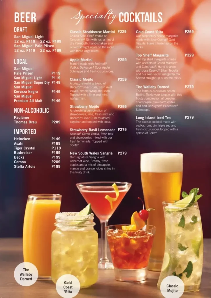 Outback Steakhouse Specialty Cocktails Menu with Prices