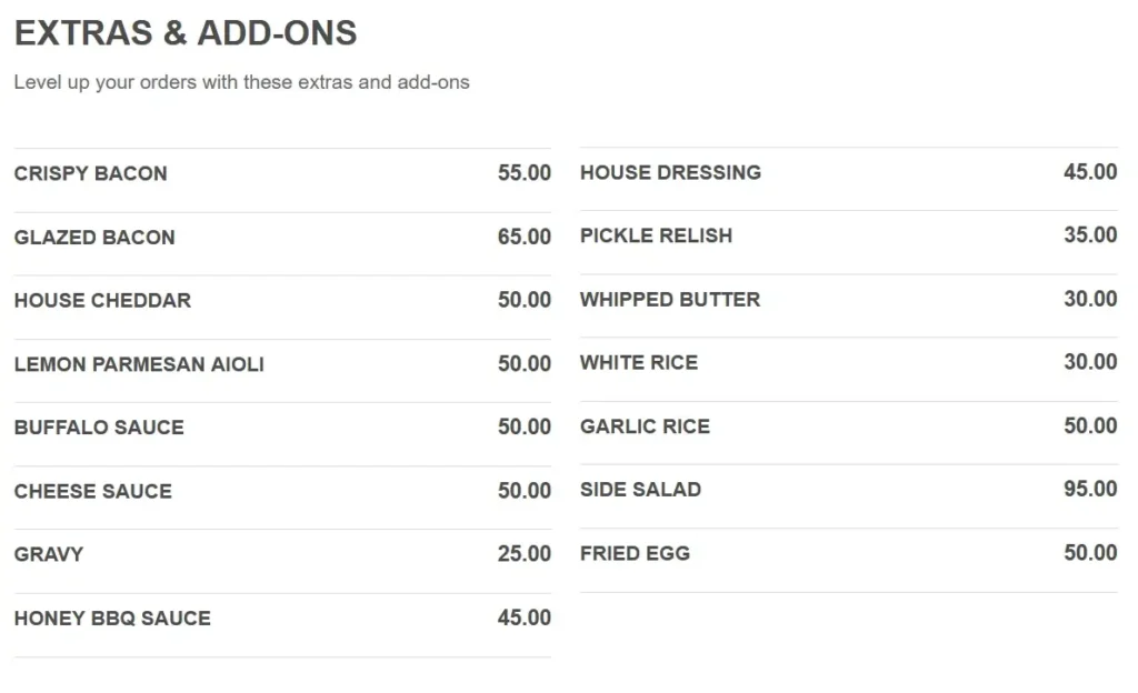 Pops Extras & Add-Ons Menu with Prices