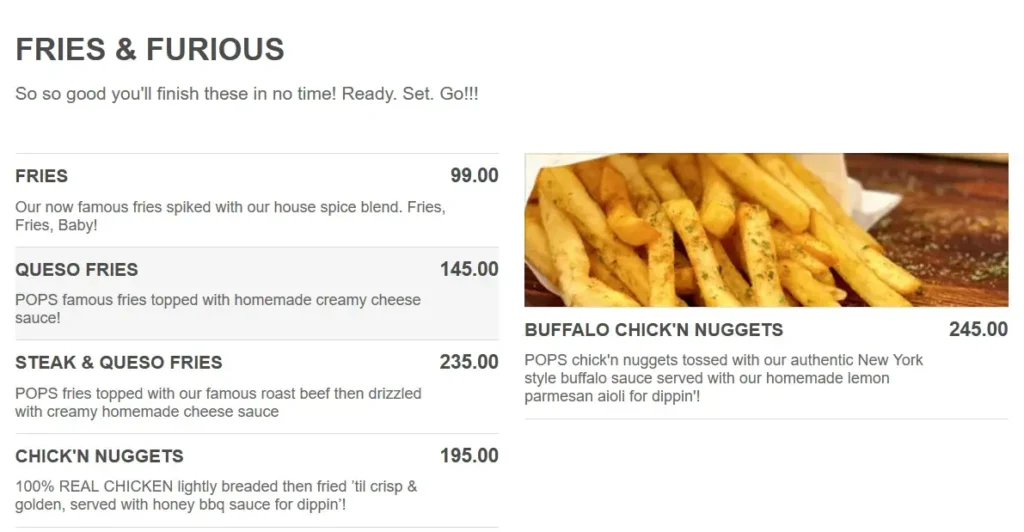 Pops Fries & Furious Menu with Prices
