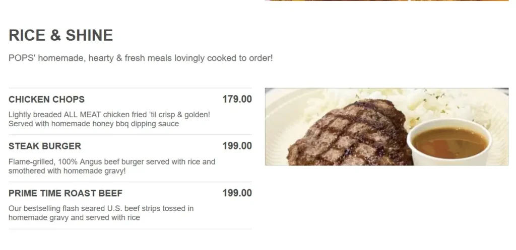 Pops Rice & Shine Menu with Prices