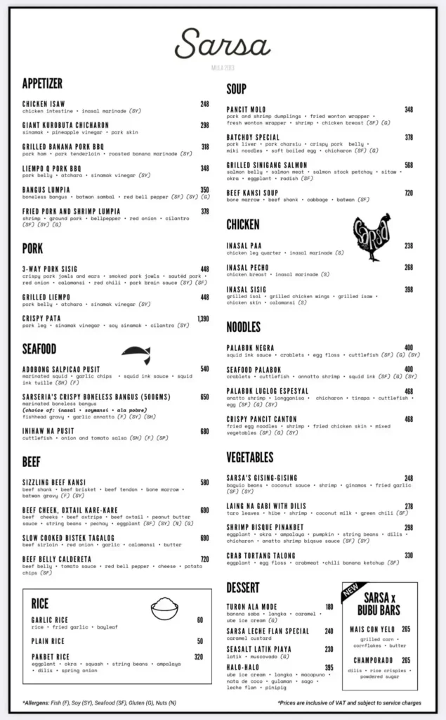 Sarsa Appetizers Menu with Prices