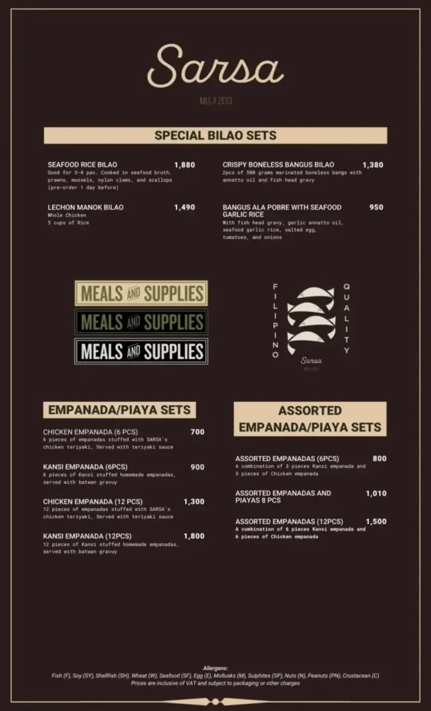 Sarsa Special Bilao Set Menu with Prices