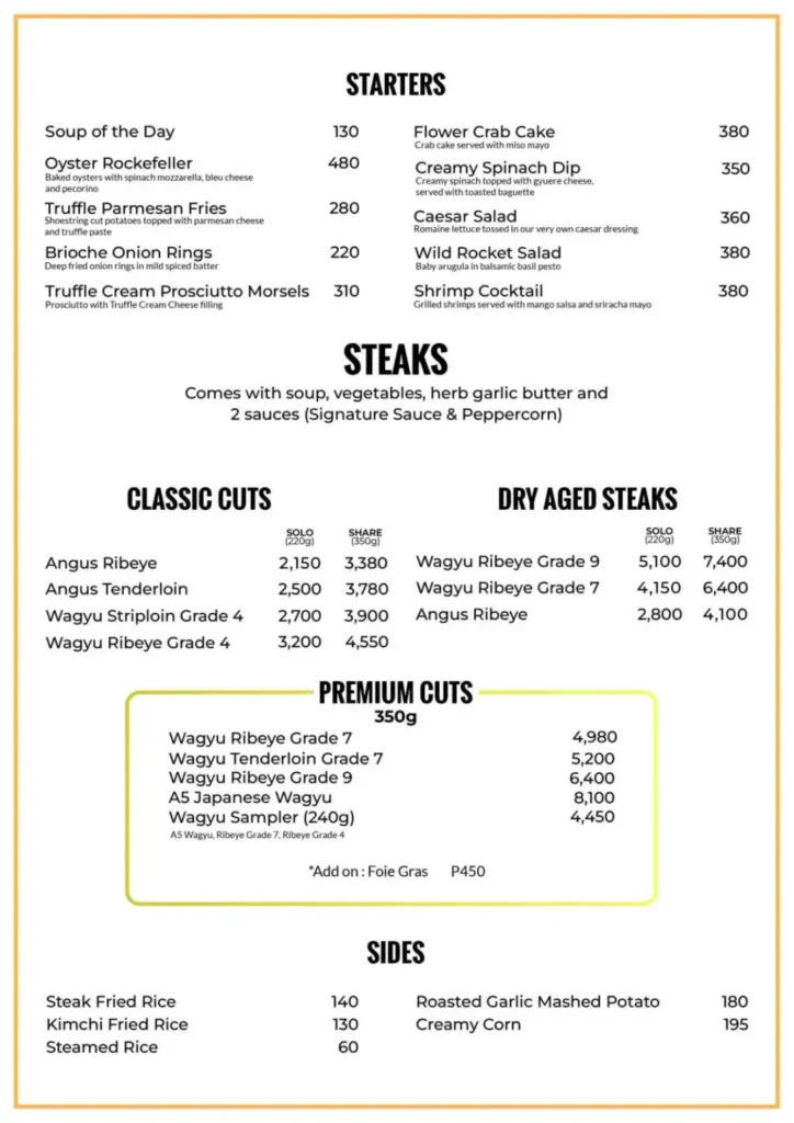 Stoned Steaks Premium Cuts Menu with Prices