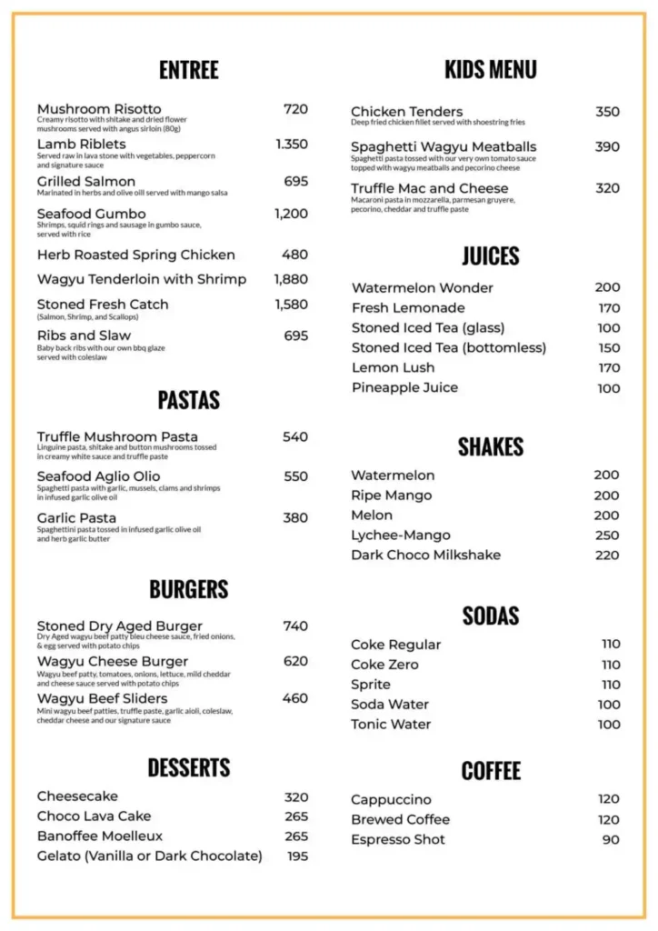 Stoned Steaks Sides Menu with Prices