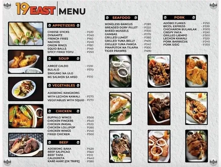 19 East Menu with Prices