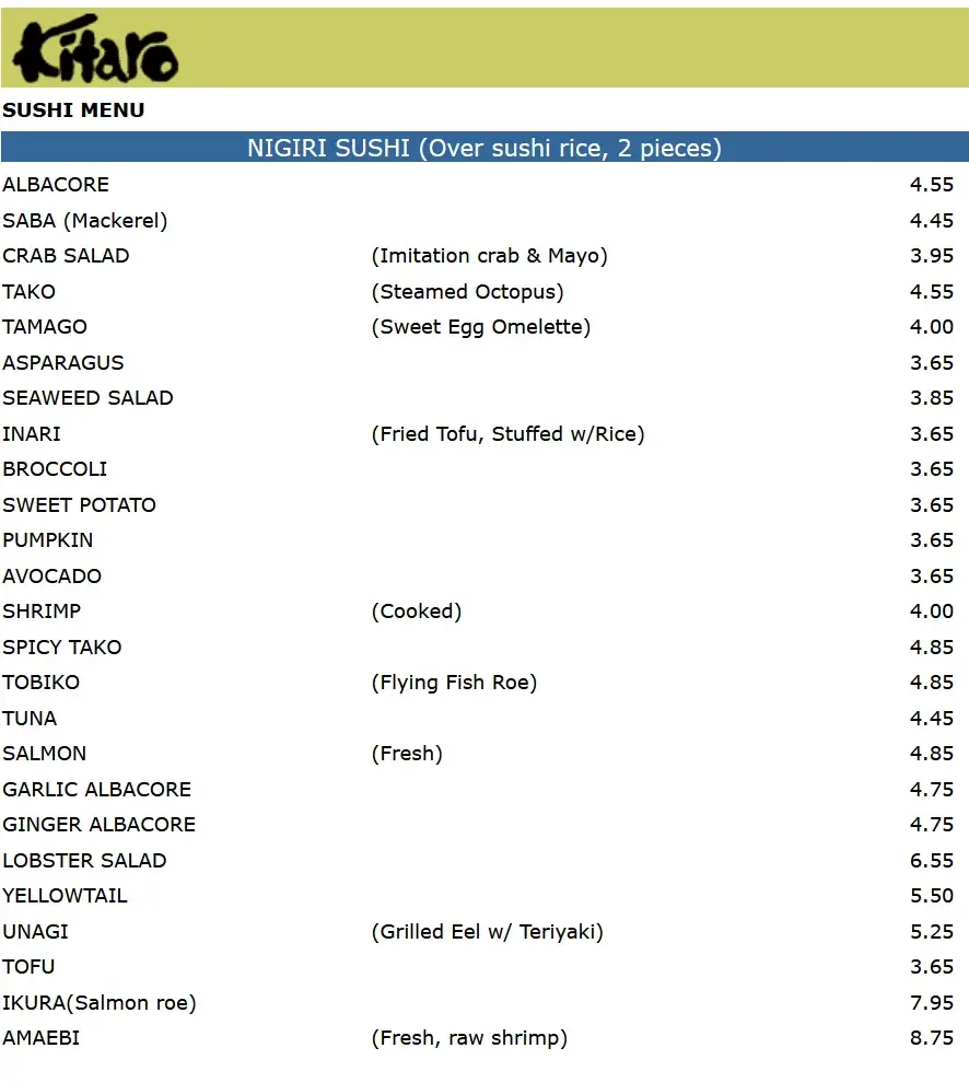 Kitaro Sushi Sashimi Menu with Prices
