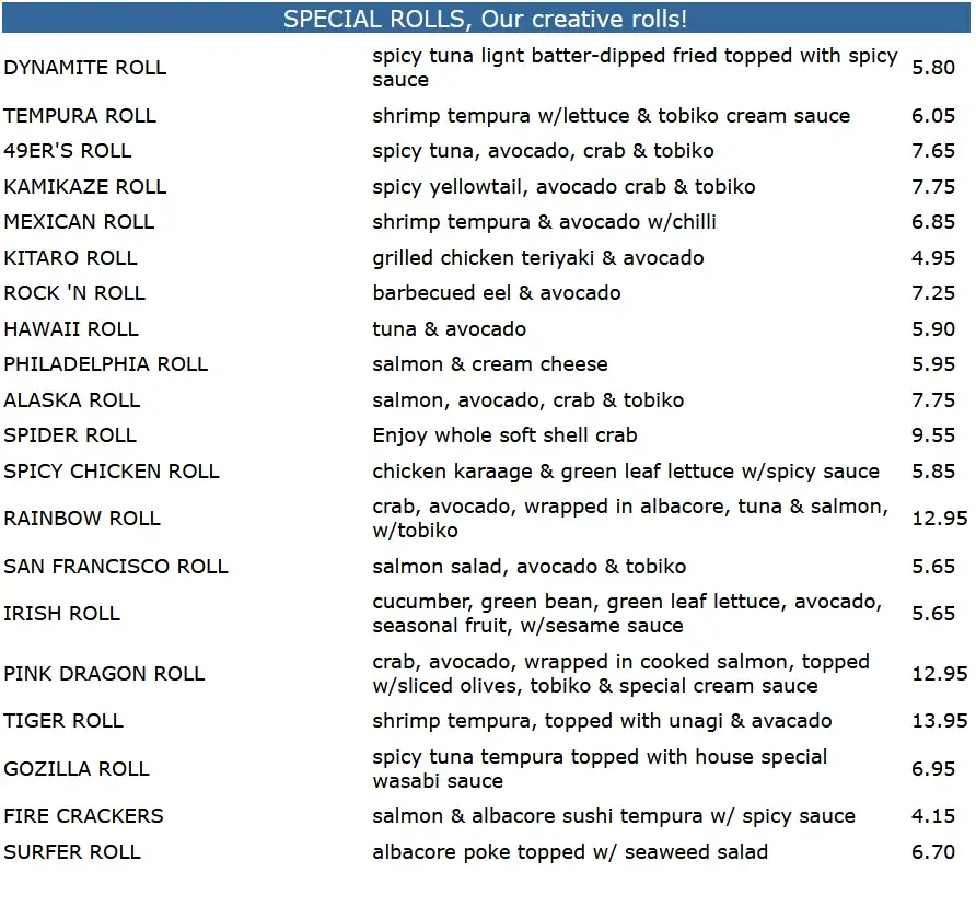 Kitaro Sushi Specialty Rolls Menu with Prices