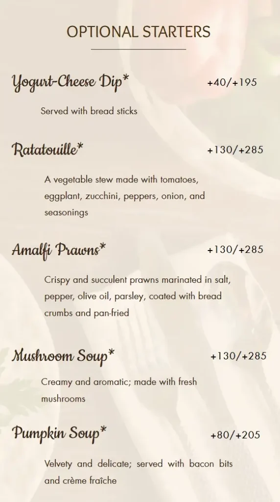 Marcia Adams Optional Starters Menu with Prices