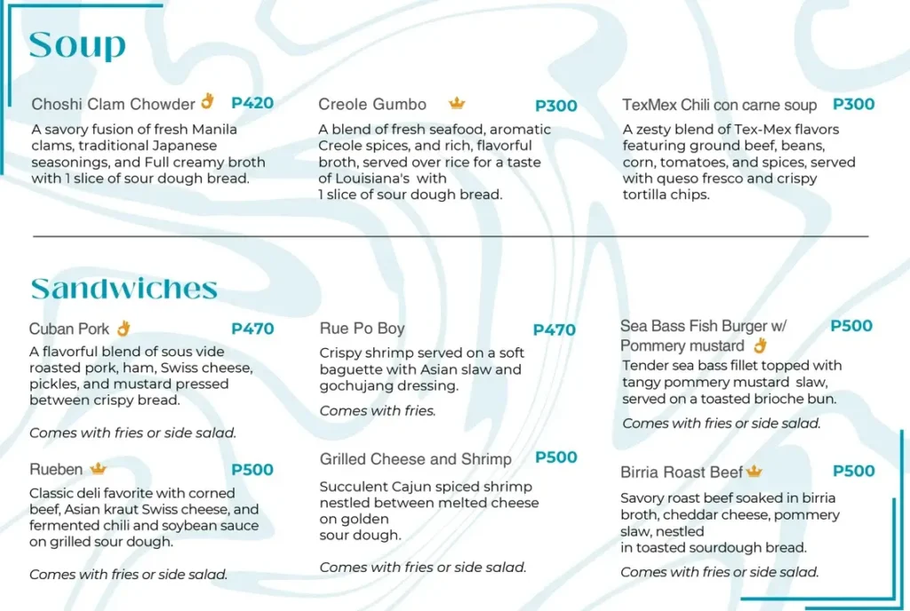 Rue Bourbon Soup and Sandwich Menu with Prices