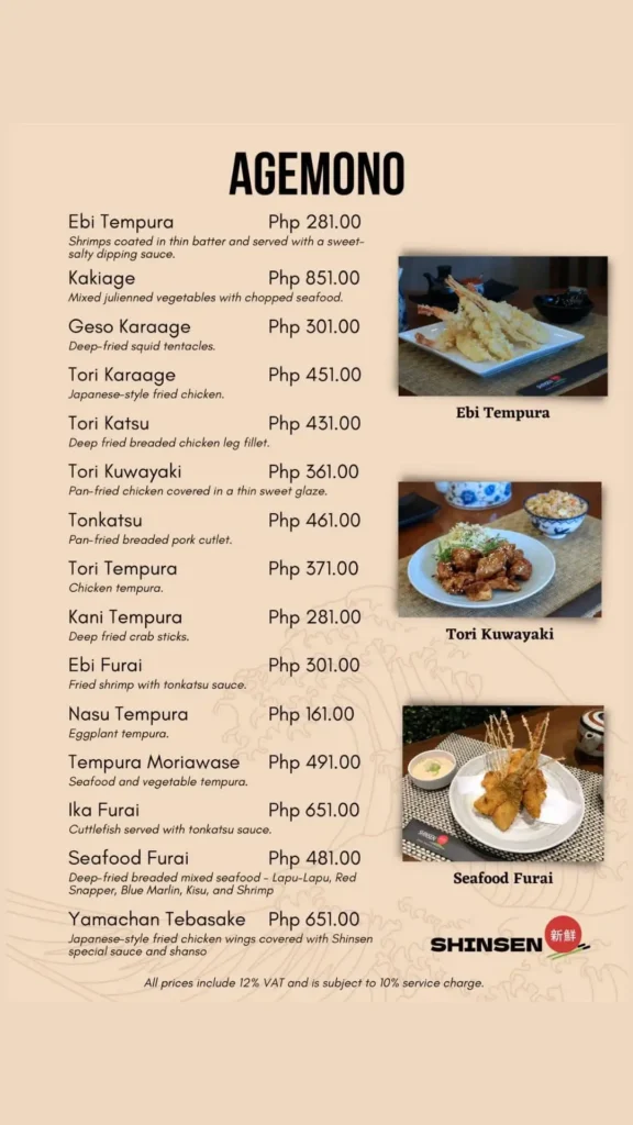 Shinsen Agemono Menu with Prices