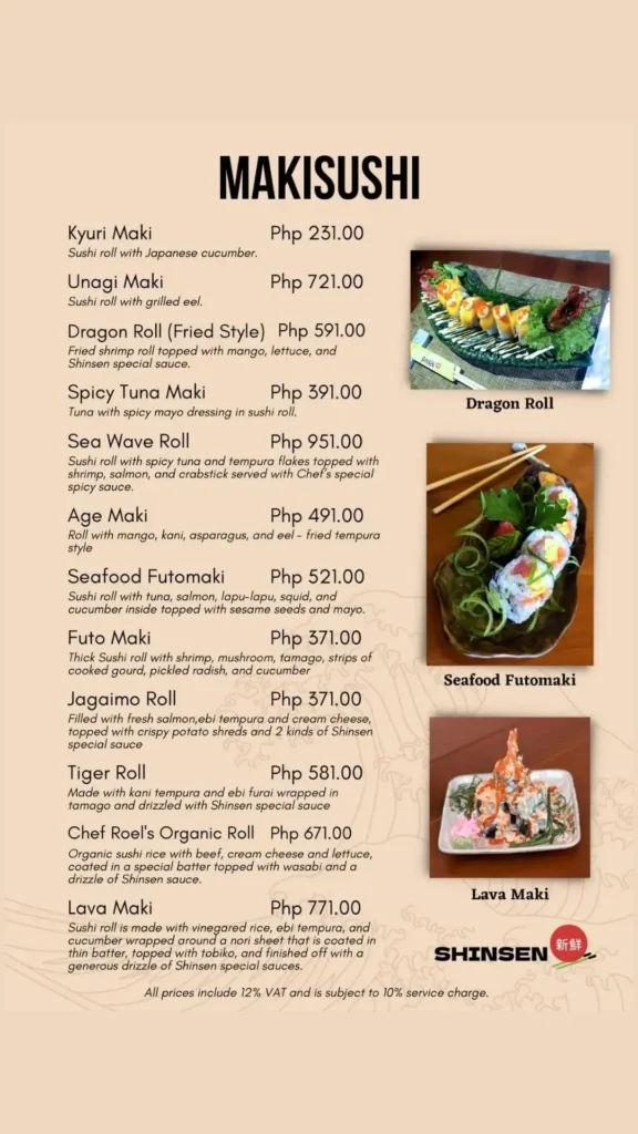 Shinsen Makisuhi Menu with Prices