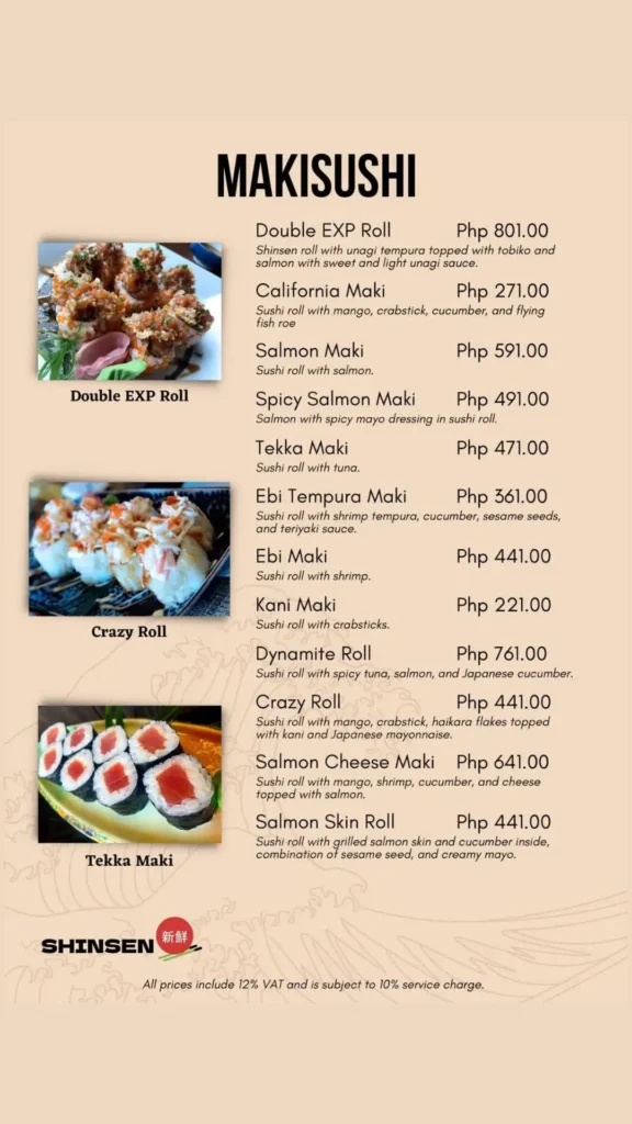 Shinsen Makisushi Menu with Prices